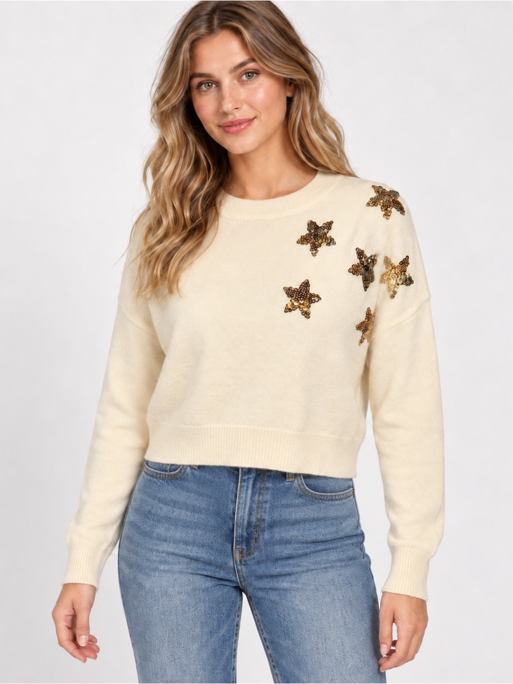 Cozy soft sequin star sweater cream knit crop pullover gold constellation